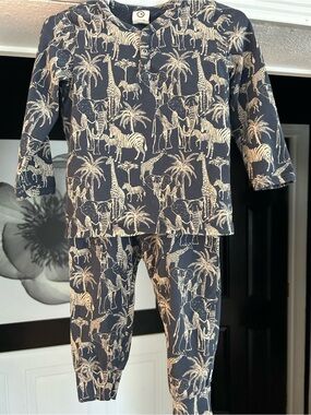 Kids Navy Safari Animal Pajama Set - Matching Top & Pants